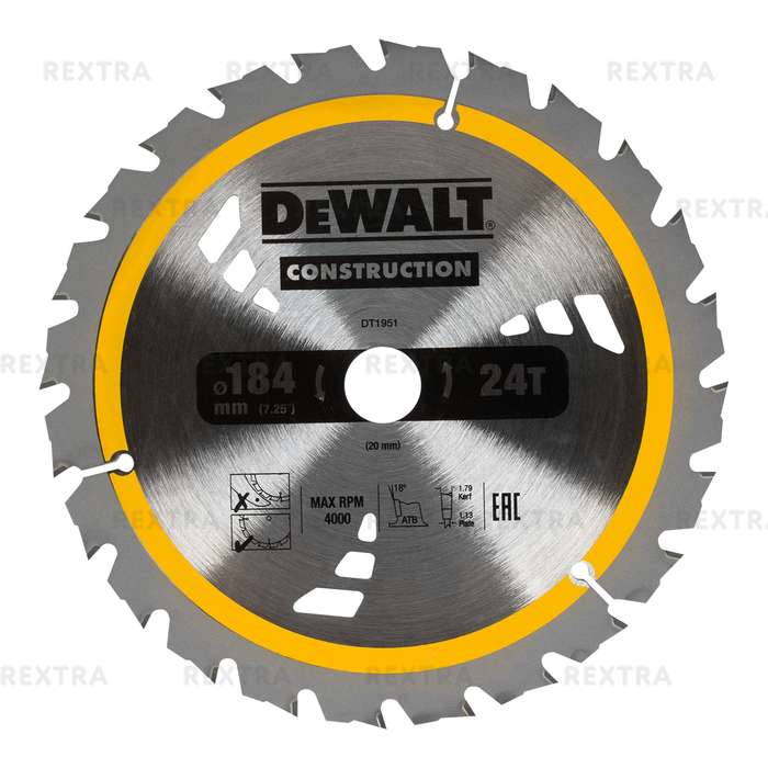 Диск пильный по дереву с гвоздями 184х20 мм DeWalt DT1951, 24 Т