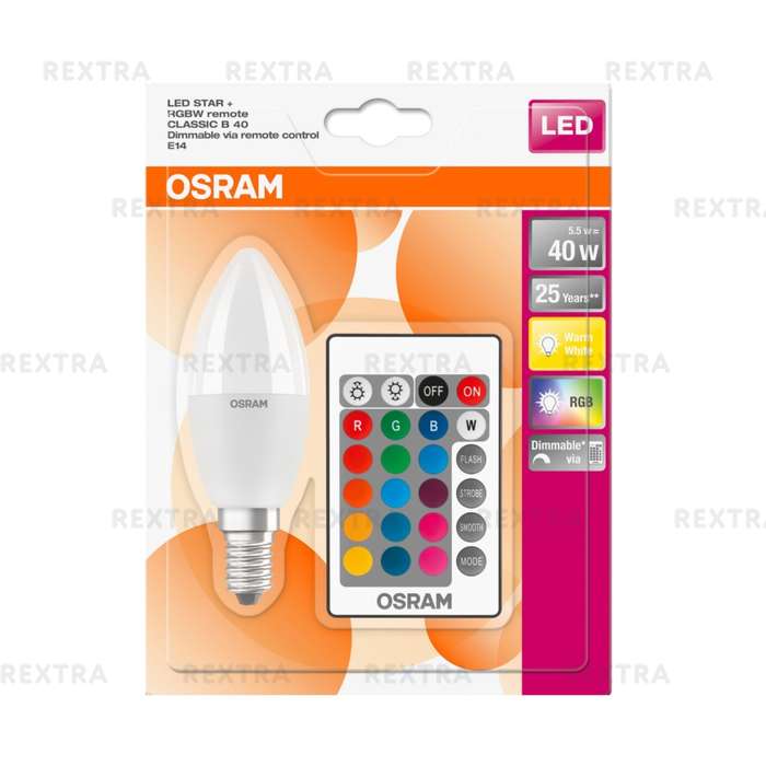 Лампа светодиодная Osram E14 220-240 В 5.5 Вт свеча 470 лм, свет RGB
